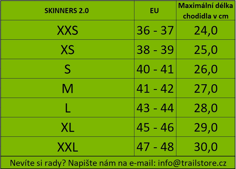 Tabulka velikostí Skinners 2.0 - TrailStore.cz